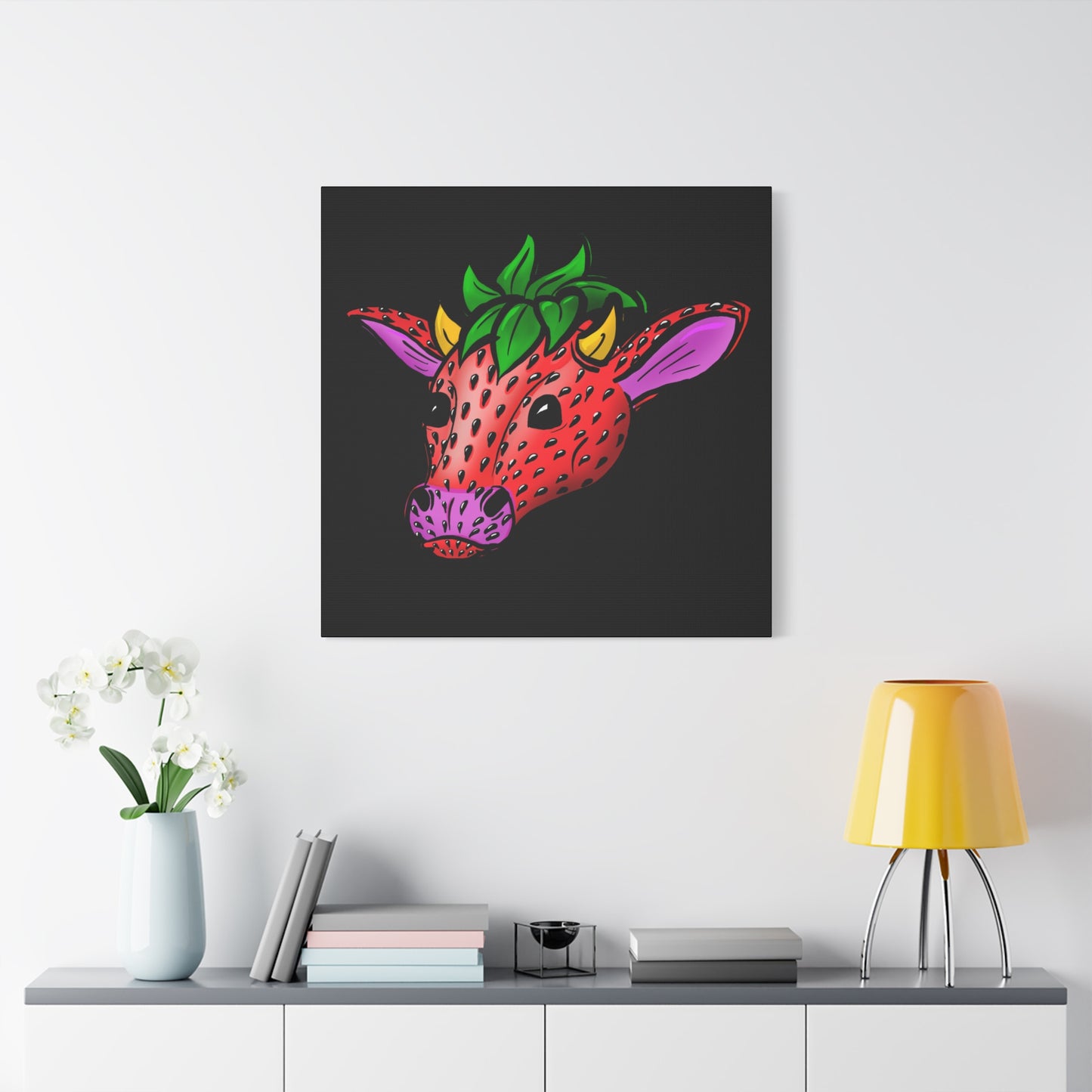 Colorful Cow Canvas Art - Strawberry Cow Stretched Wall Decor