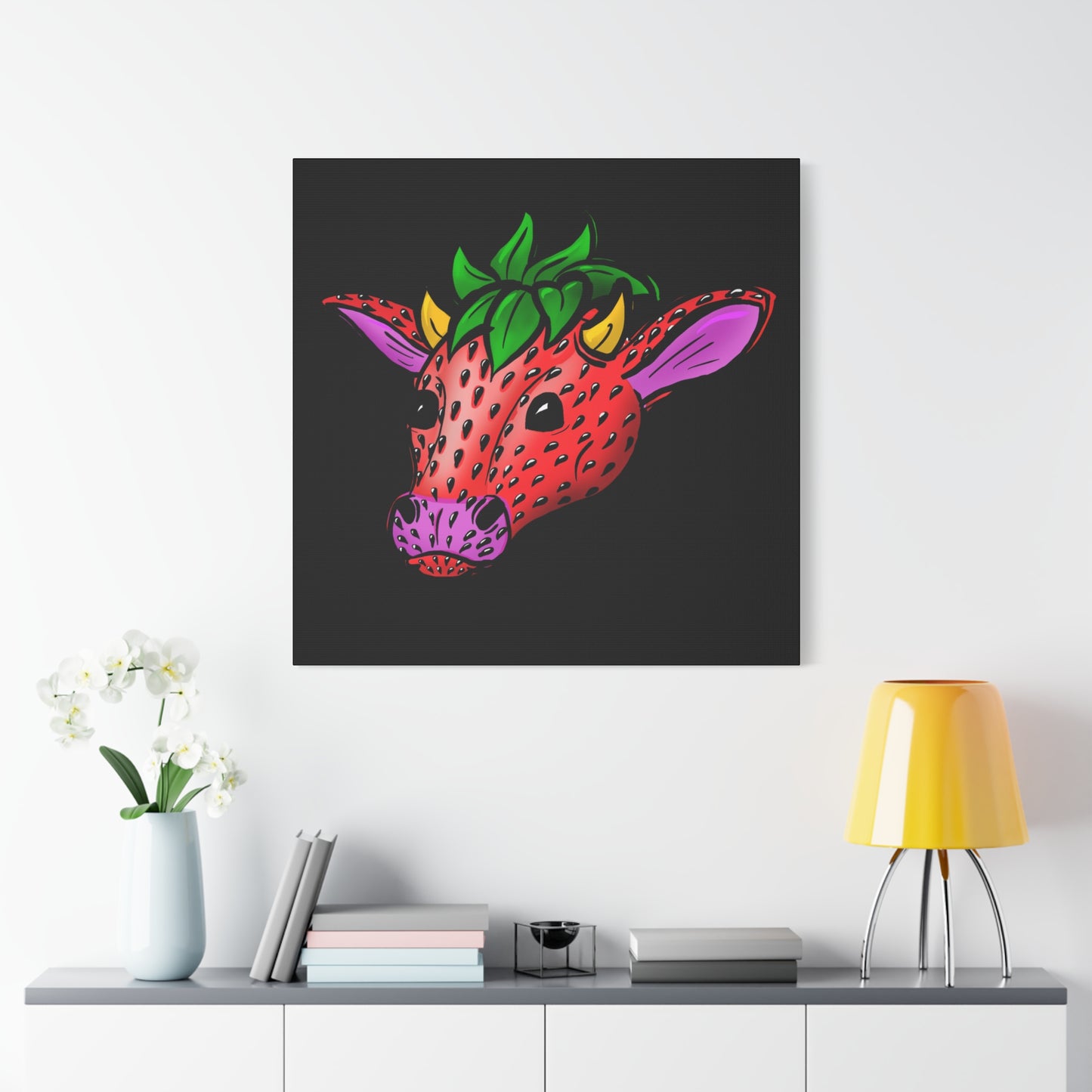 Colorful Cow Canvas Art - Strawberry Cow Stretched Wall Decor