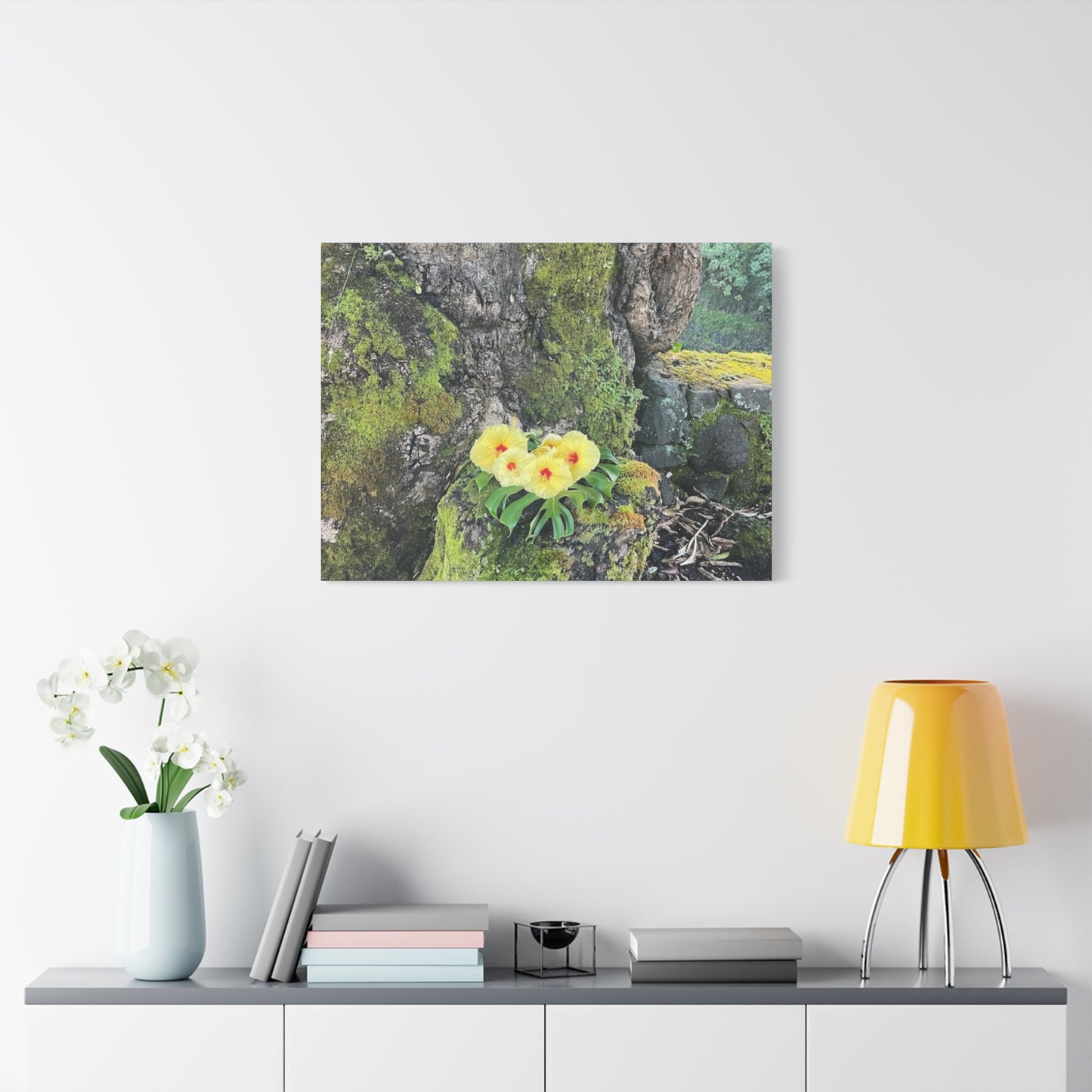 Floral Matte Canvas Art - Yellow Orchid and Moss Decor