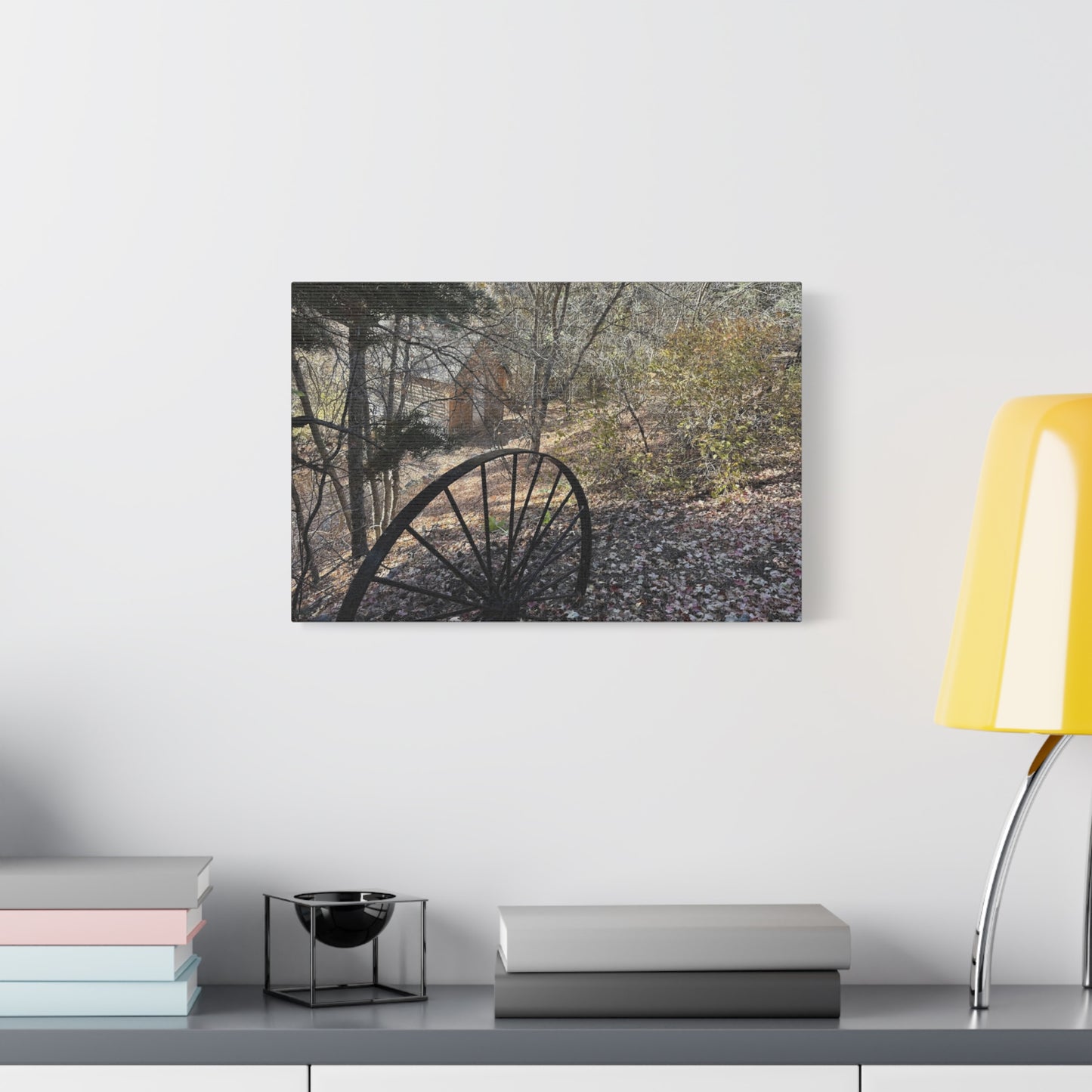 Rustic Landscape Canvas Wall Art - Nature Scene with Vintage Wheel